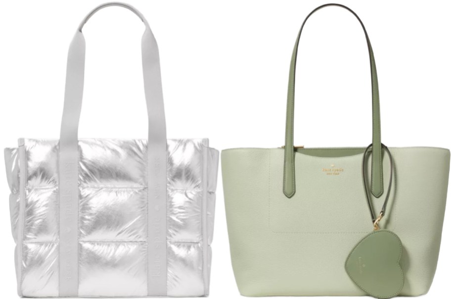 Two Kate Spade purses. One is puffy silver and one is light olive green.