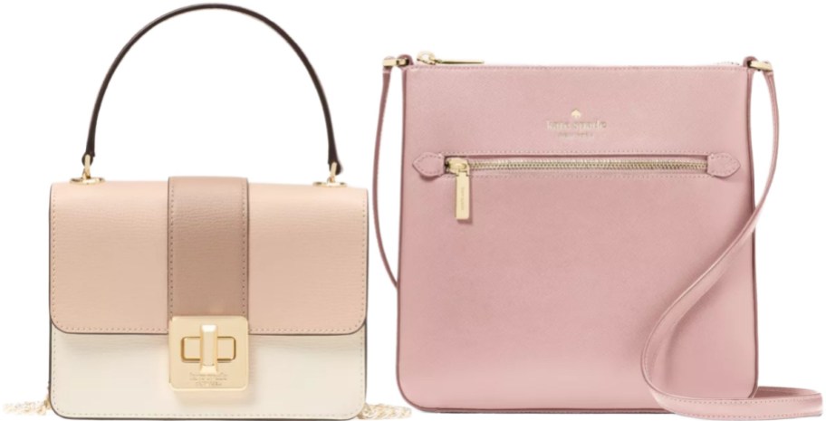 Two Kate Spade purses. One is multi-colored and one is pink.