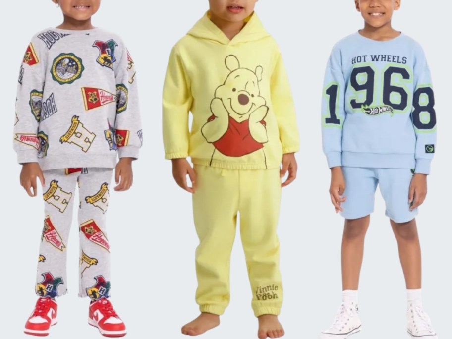 3 kids wearing 2 piece character sets