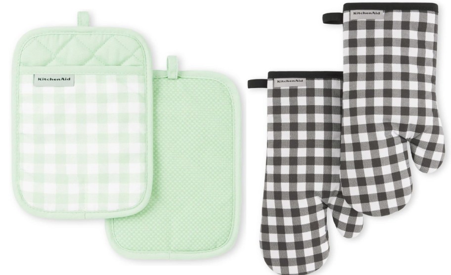 green and black oven mitts