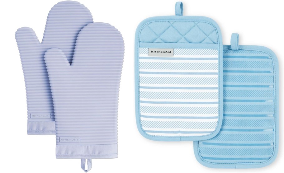 purple and blue kitchenaid oven mitts