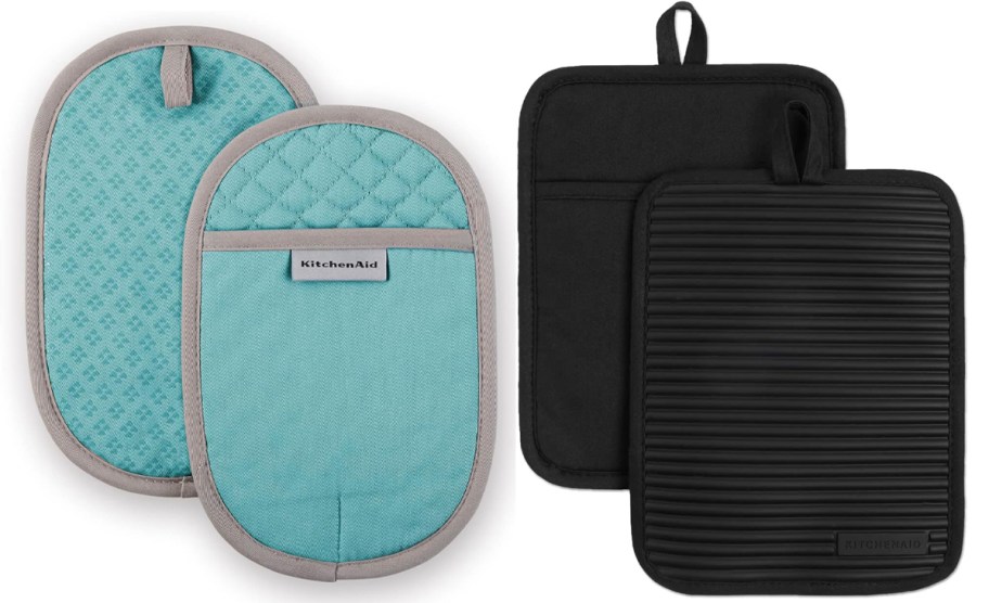 teal and black kitchenaid oven mitts