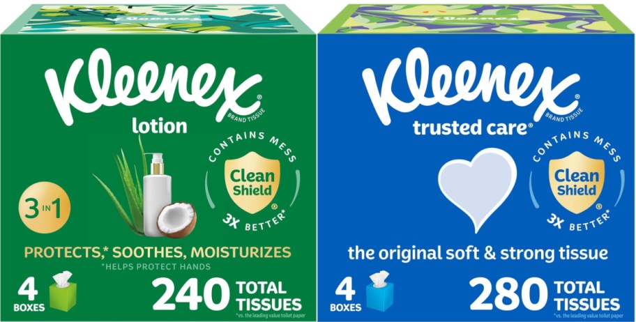 A green box of Kleenex and a blue box of Kleenex.