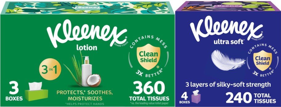 One green box of Kleenex and one dark blue box of Kleenex.