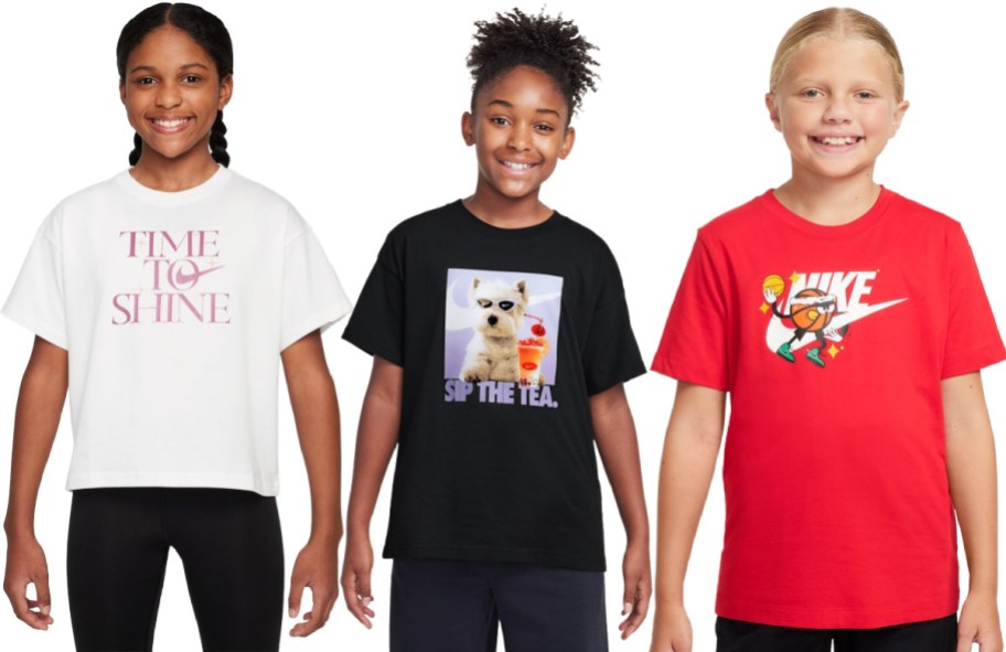 Three kids wearing Nike tshirts from Kohls.