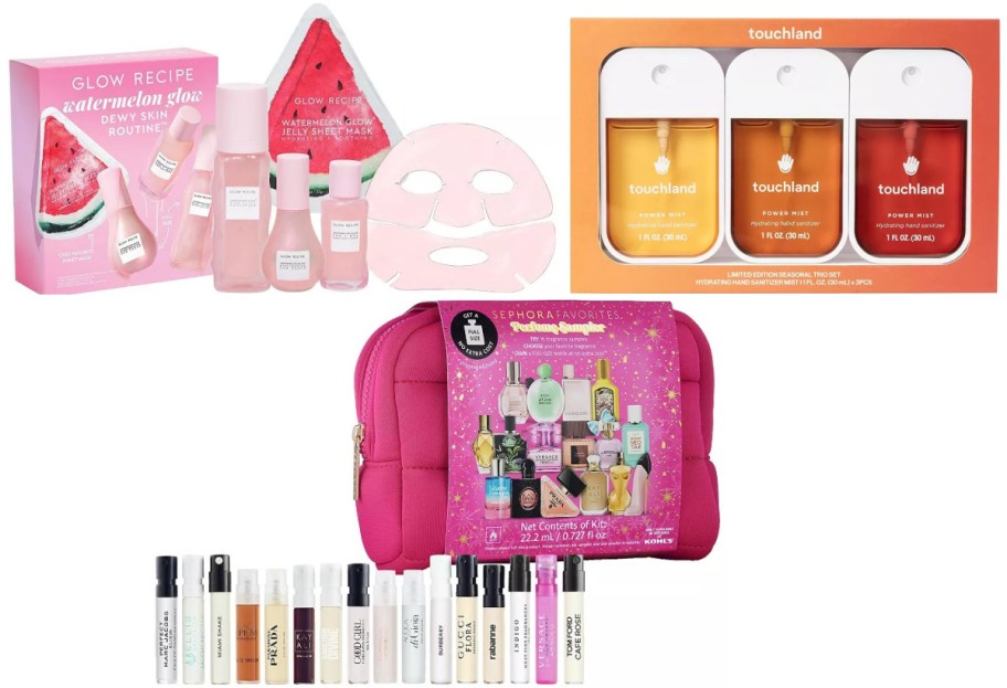 A Glow Recipe set, a Touchland set and a Sephora favorites holiday sampler set.
