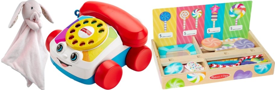 bunny plush blankie, chatter phone and lolli pop play set