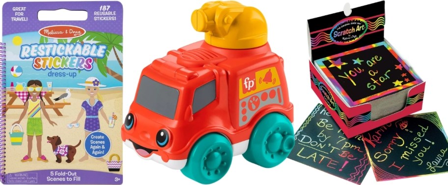 sticker book, toy firetruck, and scratch art kit