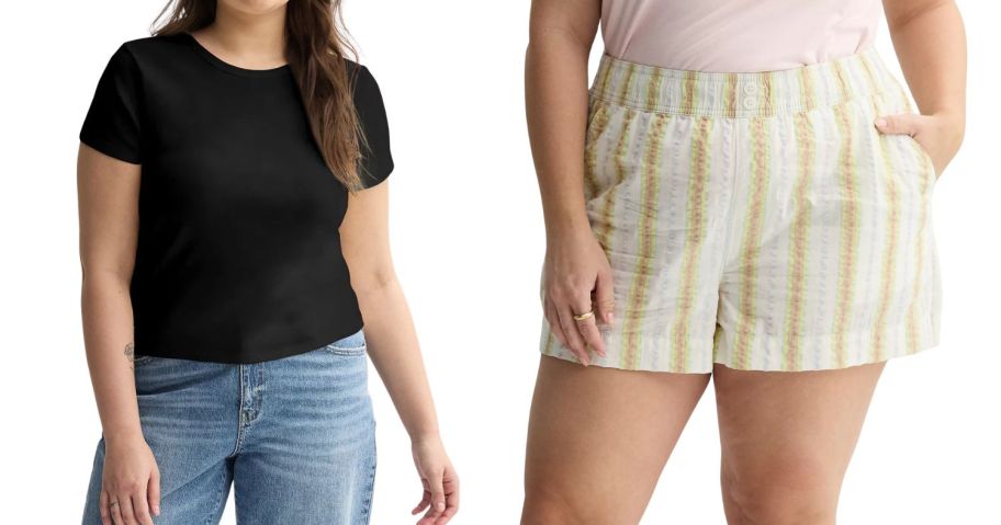 two women wearing a top and shorts