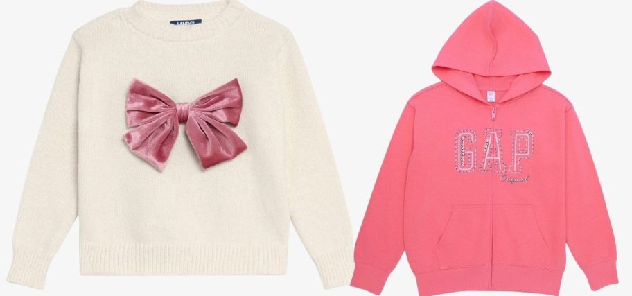 girls white bow sweater and pink hoodie