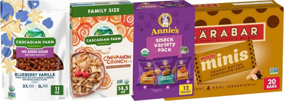 granola, cereal, snack cracker variety box, and a box of lara bar minis