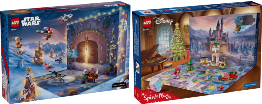 Two LEGO advent calendar boxes: one Star Wars-themed with snowy scenes and spacecraft, and one Disney-themed with a castle and Christmas tree.
