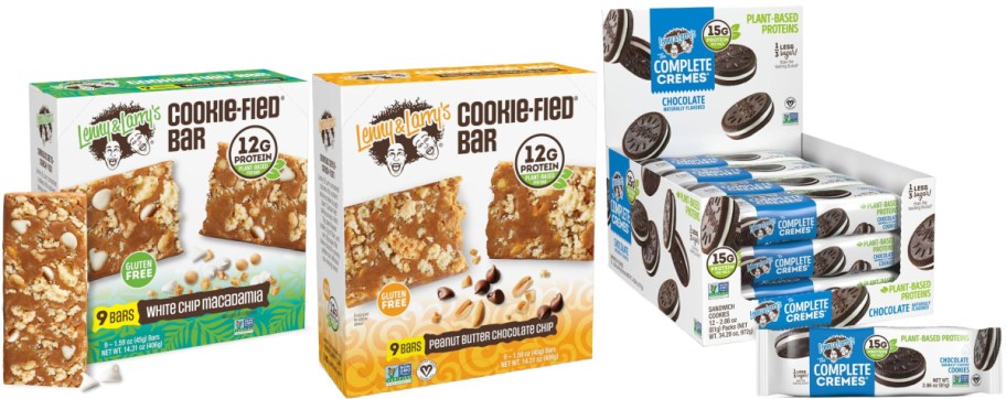 Boxes of Lenny & Larry's Cookie-Fied Bars and Complete Cremes shown. Bars include White Chip Macadamia and Peanut Butter flavors; Cremes are Chocolate.