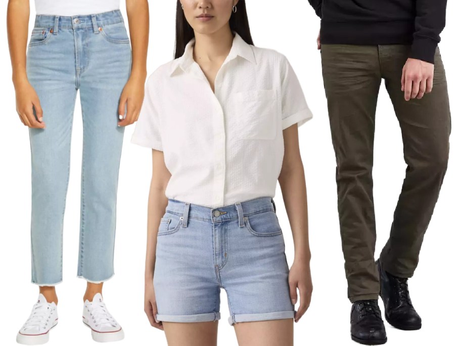 A collage of three people showcasing casual fashion. The left wears light blue jeans and white sneakers, middle wears a white shirt with denim shorts, and right wears dark jeans with black shoes.