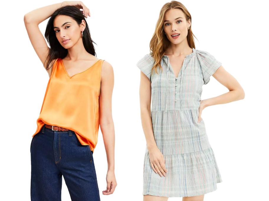 Two women; one in a vibrant orange sleeveless top paired with jeans, and the other in a light plaid dress.