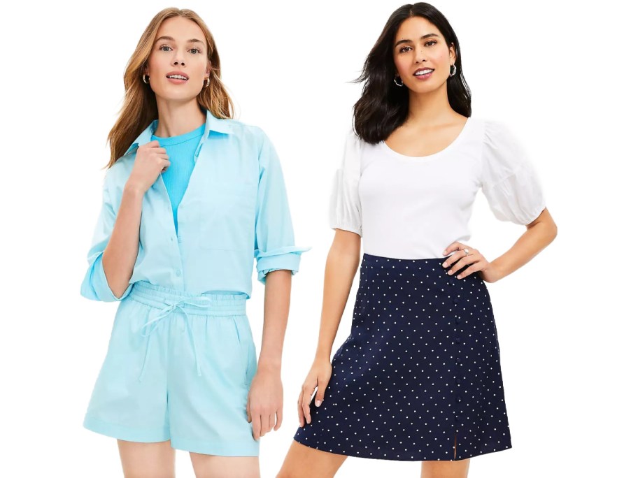 Two women showcasing summer outfits. Left: Woman in a light blue shirt and shorts. Right: Woman in a white blouse, navy polka dot skirt.