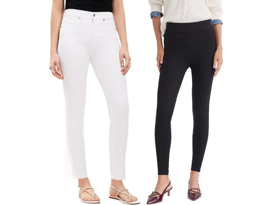 Two women model pants. Left: white straight-leg jeans with a black top and beige sandals. Right: black leggings with an off-white sweater and burgundy heels.