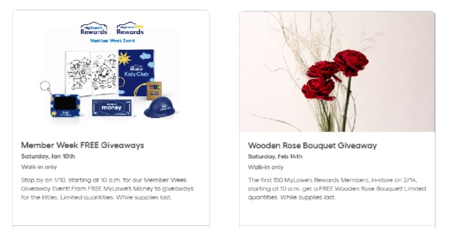 screenshots of lowes member reward events