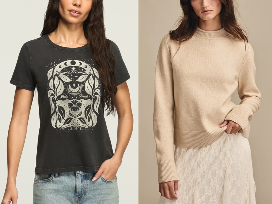 women wearing black and tan tops 