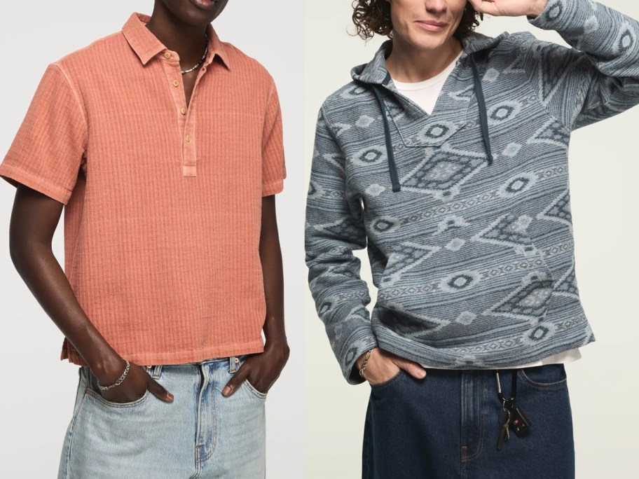 men wearing orange top and gray jackets