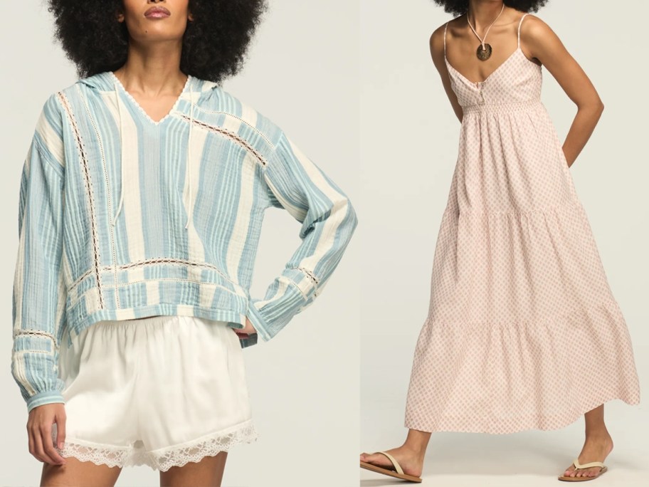 womens blue hoodie and tan dress 
