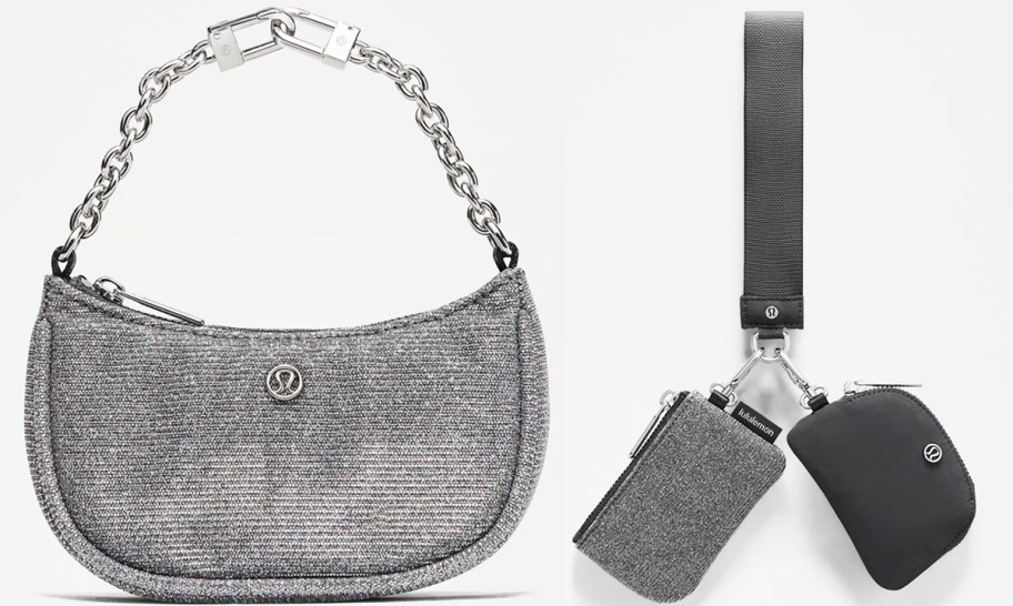 silver glittery purse and dual pouch wristlet