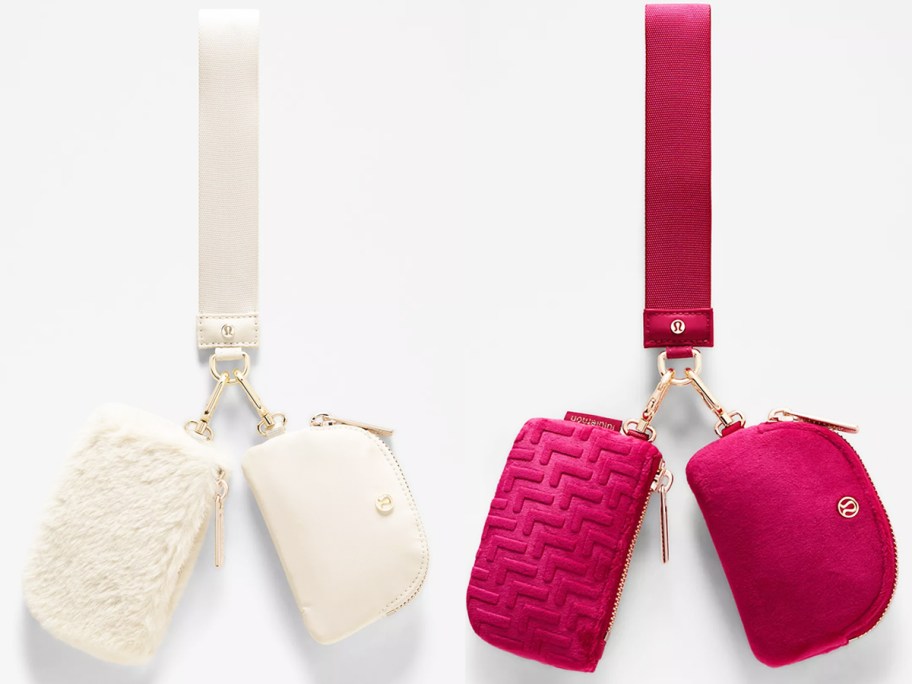 White plush and pink velvet dual pouch wristlet
