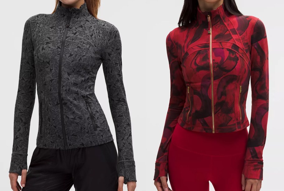 two women in dark grey and red patterned jackets