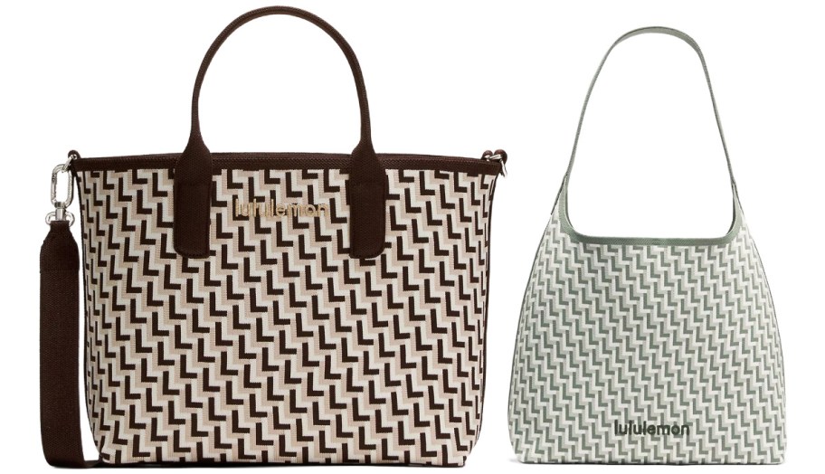 Two handbags with geometric patterns are displayed side by side. The left bag is a brown and beige tote with dark handles, while the right bag is a smaller, light green and white handbag. Both bags feature the brand name lululemon.