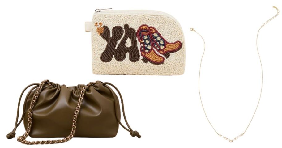 lulus bag, coin purse, and necklace