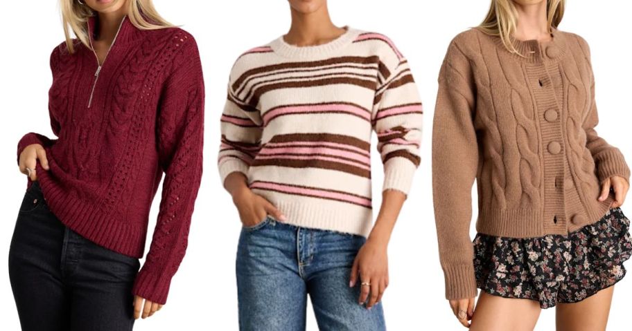 three women wearing lulus sweaters