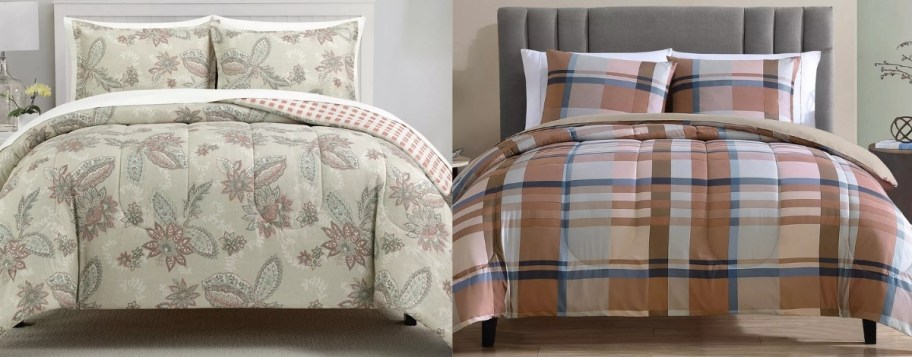 a floral print comforter set shown with a plaid comforter set