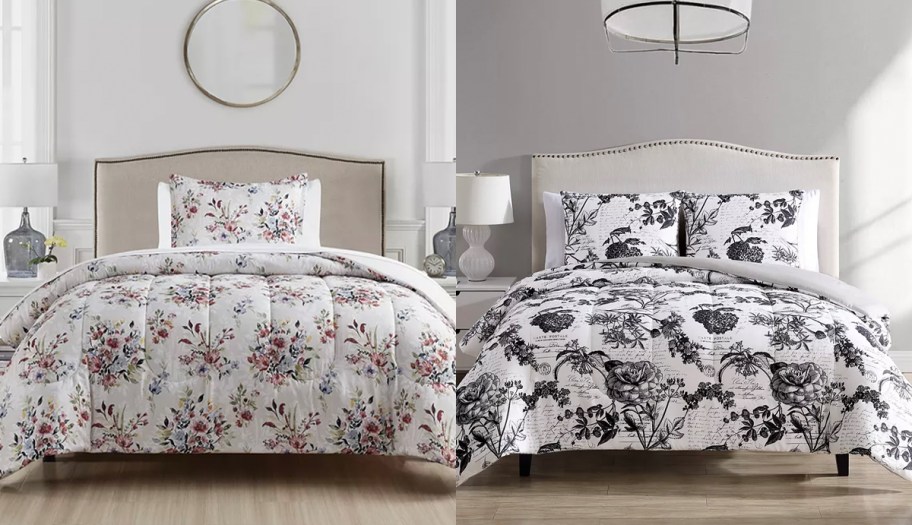 white floral comforters on beds 