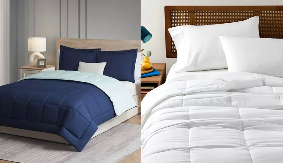 blue and white comforters on beds 