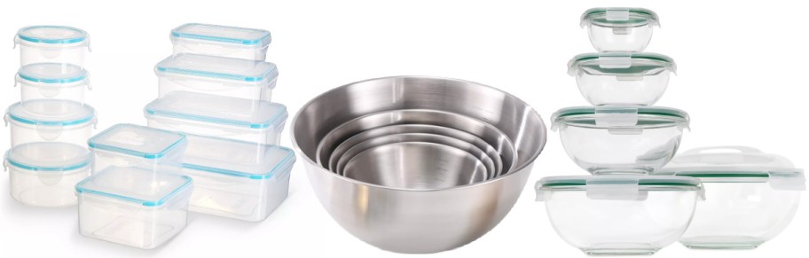 A variety of food storage containers are shown: stackable plastic with blue lids, nested stainless steel mixing bowls, and glass bowls with green lids.
