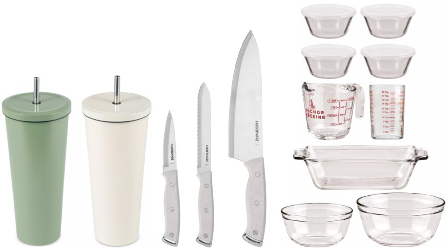 An image showing kitchen utensils including two lidded tumblers, a set of three knives, four small bowls with lids, two measuring cups, and two mixing bowls. The tumblers are green and cream with metal straws, and the knives vary in size with gray handles.