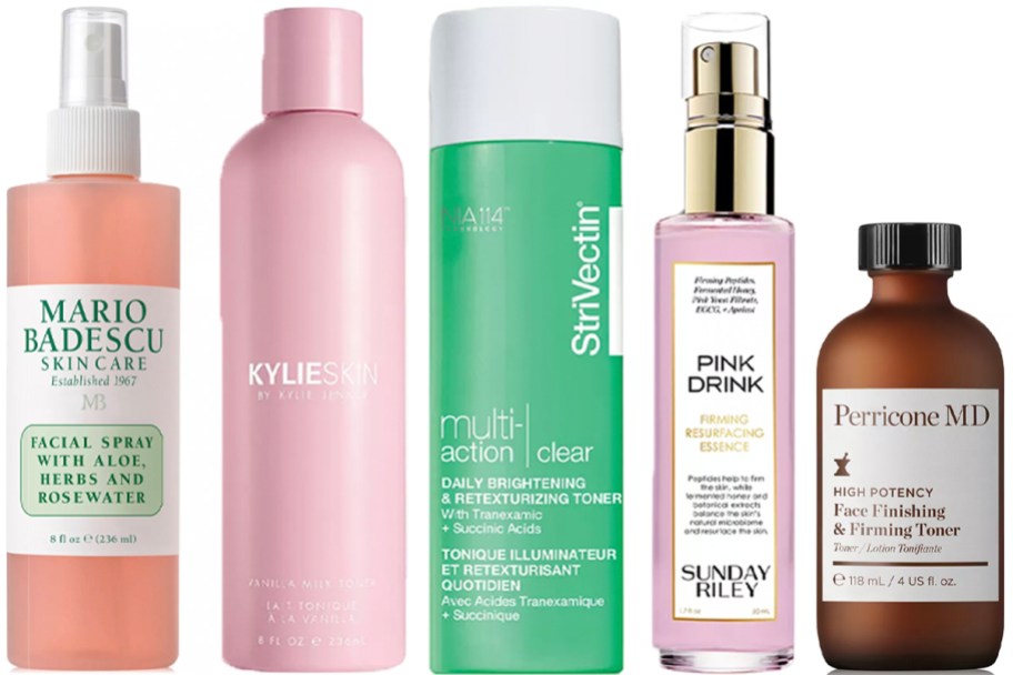 mario badescu spray, kylie spray, strivectin toner, sunday riley toner, and perricone toner bottles
