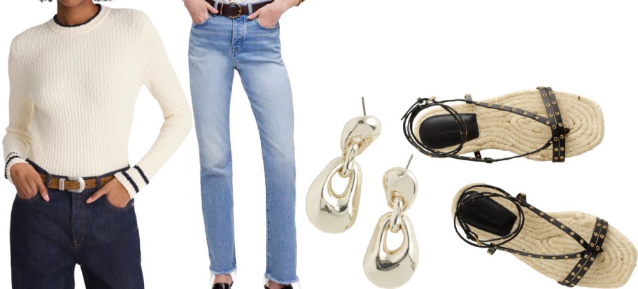 Fashion collage with a cream knit sweater, light wash jeans, gold chain earrings, and studded espadrille sandals.