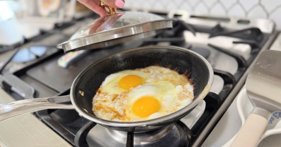 making hot honey eggs in a skillet