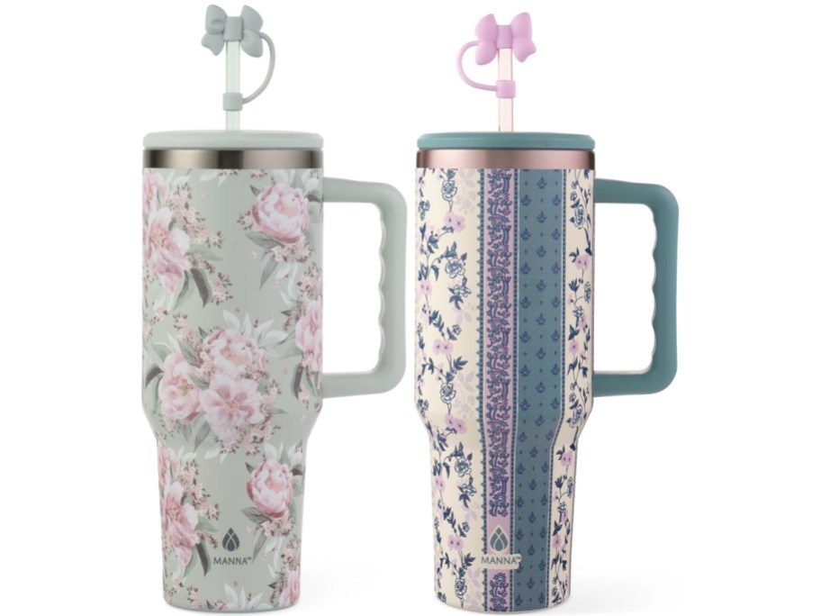 Two floral printed Manna tumblers with bow straw toppers.