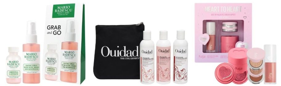 Mario Badescu Grab & Go Travel Set, Ouidad Frizz-Free Wash Day Kit, Kaja Heart to Heart Best of Kaja Eye, Cheek & Lip Set