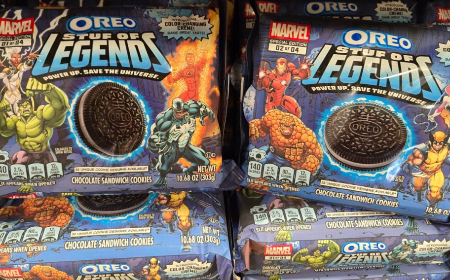 Oreo cookie packages themed with Marvel characters like Hulk and Wolverine. The packaging is vibrant, featuring dynamic comic-style art.