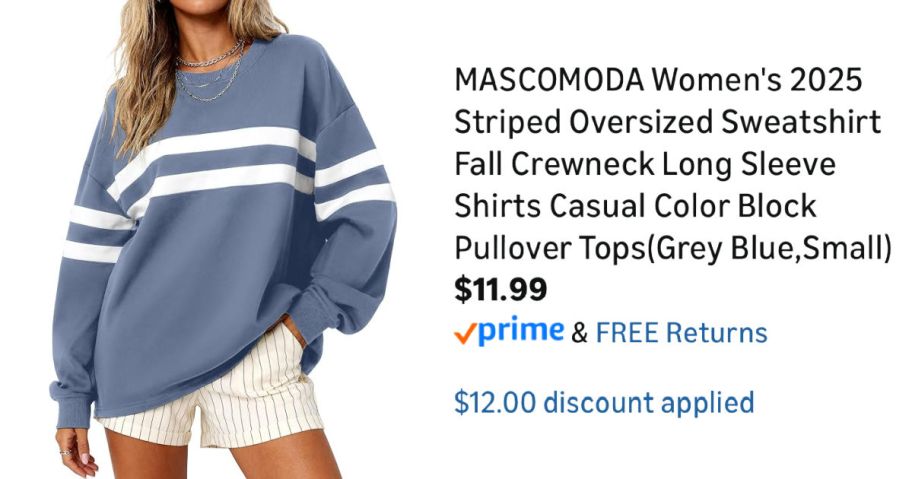 woman wearing blue sweatshirt next to Amazon pricing information
