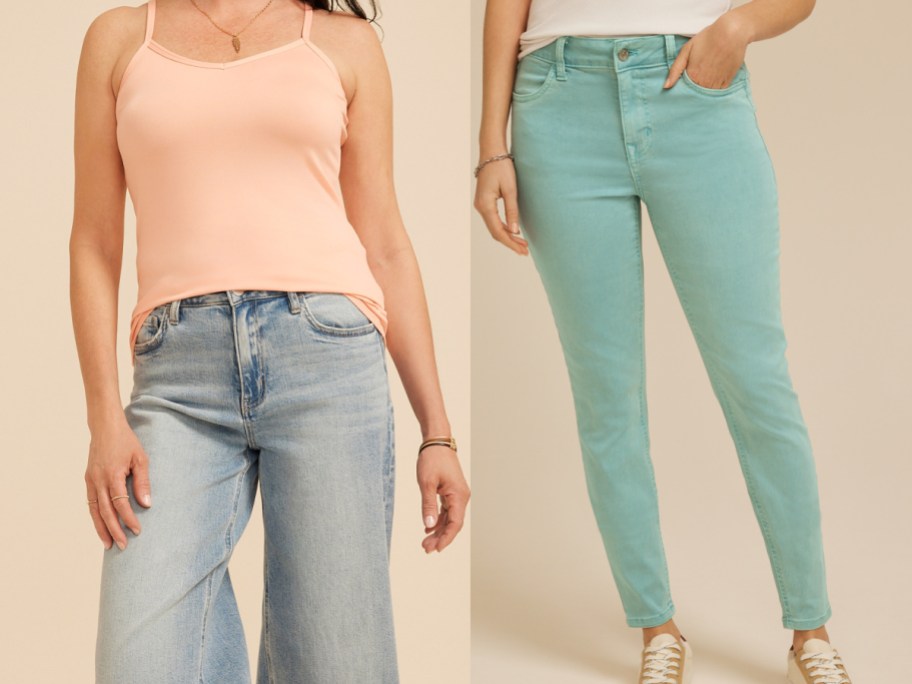 Two women modeling casual spring outfits side-by-side, one wearing a peach tank top with light wash wide-leg jeans, and the other wearing a white top with bright mint green skinny jeans.