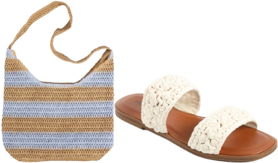A light blue and tan striped woven shoulder bag next to a brown slide sandal with two chunky white braided straps.