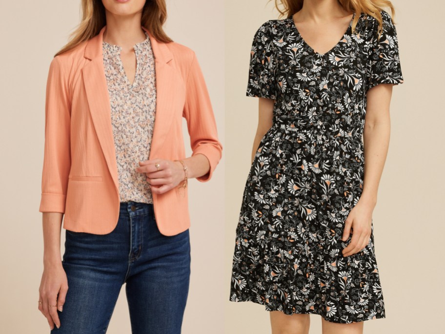 Two women modeling clothing side-by-side, one wearing a peach blazer over a light floral blouse with dark jeans, and the other wearing a black floral short-sleeve dress.