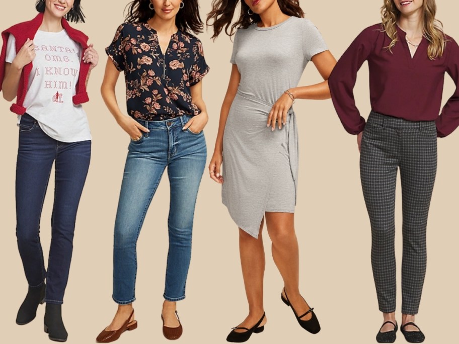 four women wearing variious styles of clearance clothing
