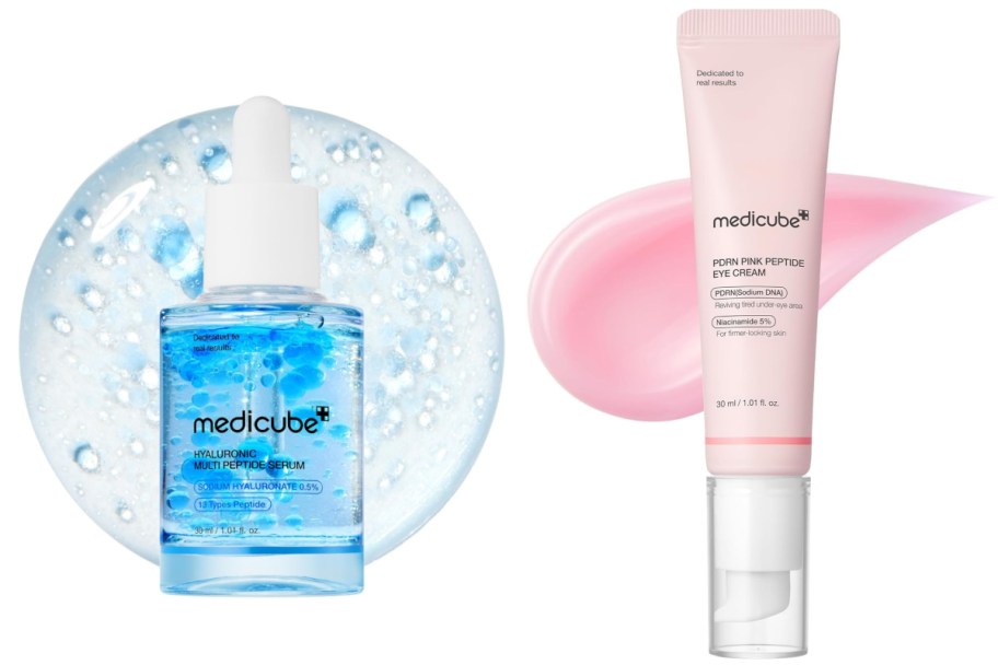 blue serum and pink eye cream tube