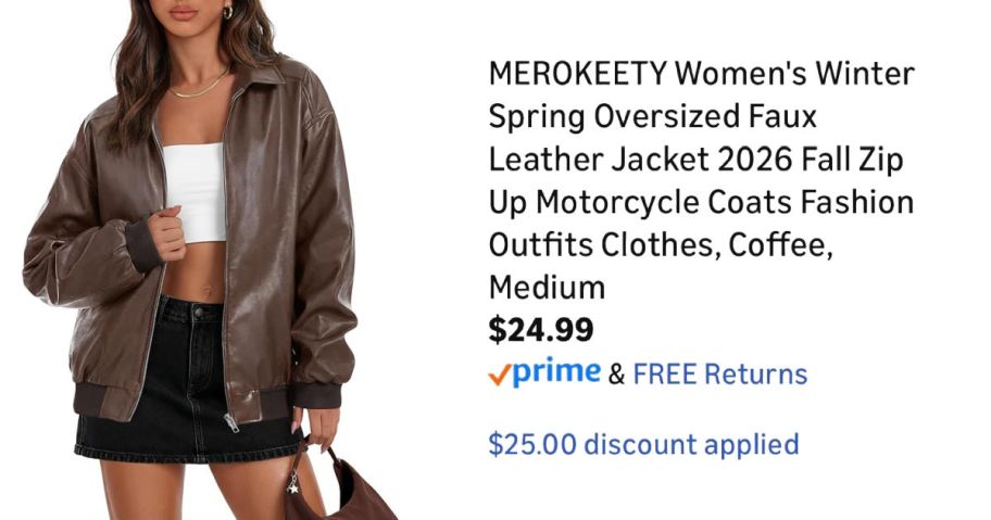 woman wearing brown leather jacket next to Amazon pricing information