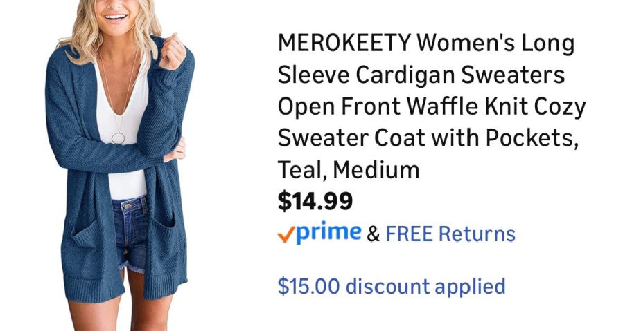 woman wearing blue cardigan next to Amazon pricing information